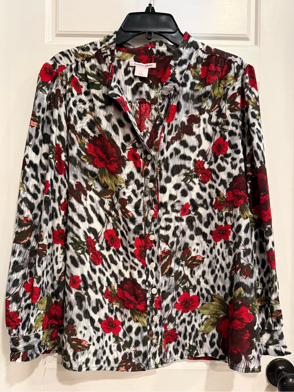 Allison Daley Red Floral White Black Leopard-Print Button Front Blouse